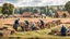 Placeholder: young and old people working in the field near medieval barns