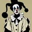 Placeholder: A Pierrot (the sad clown), with a heavily painted white face, wearing a loose, white tunic with three large black buttons, an oversized black accented ruffled collar, and long sleeves, a tight black dunce hat on his head, french mime, his expression is sad, lonely, and embodies artistic sentiment, the foreground and background slowly and subtly in a liminal space seem to merge, the clown as an elevated art form, modern art, conceptual performance art, storybook like illuatration, Beardsley, very