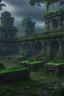 Placeholder: The ruins of a stone village in the midst of rain and thunderbolts in the jungle