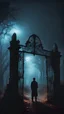 Placeholder: a guy stands at the creepy gates at night of an ancient cemetery with fog