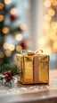 Placeholder: pine branch and shiny gold Christmas gift box with ribbon, festive atmosphere. in blur background, warm lights, hig realistic, perfect shot, professional photo