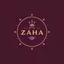 Placeholder: A circle face logo with the name (ZAHA) for a cafe with a sun symbol and a classic purple theme