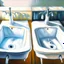 Placeholder: two white sinks, in one of them water is turning right and in the other lef, art, oil drawing, bright,