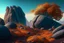 Placeholder: autumn vegetation, one exoplanet in the horizon, big stones, cliff, surrealistic, sci-fi.