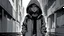 Placeholder: A brutalist architecture cyberpunk alley in a simple anime style, grayscale, rainy, dark, pitch black, foggy, with a girl wearing techwear clothing and a hoodie up leaning against the wall and showing her serious/emotionless face, with a more tanned skin tone, on the right side of the image
