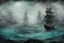 Placeholder: Sinking world, 3D, mist and smoke, black, turquoise (a little bit closer to the green) and white color, hard rain, and watercolor patchwork by Picasso and Caspar David Friedrich and Daniel Merriam digital painting award winning fantastic view high definition abstract surreal no watermark