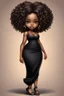 Placeholder: create a digital airbrush image of a chibi curvy black female wearing a black maxi dress and black sandals. Prominent make up with brown eyes. Highly detailed wild tight curly blond afro.