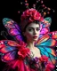 Placeholder: Gorgeous Realistic Photography Camera Lens soft blur Pretty European Supermodel as Beautiful Lady Butterfly, a stunning beautiful woman adorned in vibrant carnival attire, ethereal beauty, black background, with swirling colors and fantastical tiny flowers, enchantment and grace, twisted vines, whimsical, surreal landscapes, emotive style, dreamlike quality, and magical realism, carnival red, ethereal pink, whimsical blue, vibrant green, celestial purple, golden amber, and shimmering silver