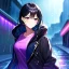 Placeholder: 8k, Girl, high quality, detailed, black hair, purple eyes, beautiful lighting, vibrant colors, jacket, raining,