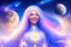 Placeholder: very beautiful cosmic women with white long hair, smiling, with cosmic dress and in the background there is a spaceship with light below and a bautiful sky with stars and light beam