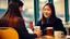 Placeholder: young woman talk to a penguin in coffee-shop