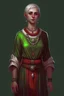 Placeholder: full length, tall, gangly, 22-year old, short haired, nordic looking grey-eyed female human cleric with a red beaded necklace, no earrings, dark green scale mail