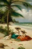 Placeholder: tropical beach two childeren and a woman lying paining neoclassism