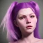 Placeholder: long purple haired human girl with bright green eyes, short horns