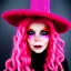 Placeholder: Pink witch made of fire with red eyes. Long curly wild pastel pink hair. Pink and red eyeshadow. Red lipstick. Freckles. Big pink witch hat.