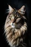 Placeholder: Close up portrait of a maine coon cat getting out of the dark, fog morning , natural vivid colors, dynamic light and shadow, very detailed scene with intricate details,