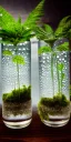 Placeholder: cinematic shot of flowers and ferns inside a test tube, waterdrops, dewdrops, moss, crystal, luxurious, bell jar