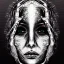 Placeholder: Silver on black paper portrait of female face of migraine, face distorted with pain, reverse colors, screaming, tears streaming from eyes, colorless, glitchcore, dystopian, horror, ultra realist texture, intricate line drawing,