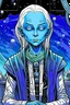 Placeholder: serene blue-skinned alien mystic with white hair in star wars cantina, androgynous, in the style of a comic book drawing