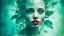 Placeholder: old retro photograph, light vignette, faded, worn and cracked, double exposure, surrealism, female humanoid from another world, red lips, half body, greenish blue pale transparent glowing skin, bald head, plants growing out of head, tattoo on head, alien transparent eyes, double exposure, hyperdetail, double exposure, Anna Razumovskaya, Anna Dittmann, Luis Royo, Neo-impressionism, expressionism, oil painting. Bold, detailed and textured brushstrokes reminiscent of Royo and Peter Coulson. Deep co