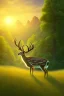 Placeholder: the foreground, a deer on a forest hillside overlooking a lake. Bathed in sunshine, with a lush green meadow, a winding river, and a towering mountain range in the distance. Warm sundown glow, golden hour. Ultra-detailed, with every blade of grass and every leaf rendered in perfect clarity. The colors are vibrant and saturated, with a dreamy, ethereal quality. Stained glass effect. Modifiers: photorealistic award winning cinematic postprocessing watercolor Ink drawing Steve Hanks Nicoletta Cecc