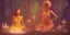 Placeholder: a group of african colourful dressed woman, sitting in a cirle surrounded by candles and crystal, meditating in a enchanted forest, fotorealistic, high quality, landscape, 17