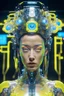 Placeholder: Organic, cyborg Ai queen with neuralink headgear, on an inter dimensional catwalk,perfect human face, clear acrylic plastic film, full body shot, catwalk fashion show, iridescent, surreal, Salvador Dali meets pixels,,waterhead, dj style, neon yellow,glowing eyes ,clouds, eye patch,pealers
