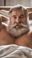 Placeholder: chubby italian 55 years old man in bed with his arms behind his head and hairy armpits, walrus mustache, very hairy, masculine, bullneck, photorealistic, photographic, very short white hairs, 32k, clear facial features, Cinematic, half figure photo, 35mm lens, f/1.8, accent lighting, side light