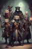 Placeholder: dungeons and dragons party consisting of the following members - one plague doctor, one human rogue, one tabaxi cleric that looks like a pallas cat, one dragonborn fighter, one kenku druid, one human bard