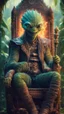 Placeholder: framed book cover illustration, close up portrait of a happy blessed ancient magical scaly slimy weird alien mad max soldier posing for photo shoot on a throne, holding a burning sceptre, in a space alien mega structure with stairs and bridges woven into a sacred geometry knitted tapestry in the middle of lush magic jungle, bokeh like f/0.8, tilt-shift lens 8k, high detail, smooth render, down-light, unreal engine, prize winning