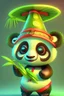 Placeholder: super cute panda, exaggerated big eyes, wearing a Doctor degree hat with red tassels, yellow dazzling aura, holding and eating newly sprout light green bamboos, 3d cartoon style, HD