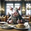 Placeholder: north pole pig holding silverware at a restaurant, realistic