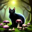 Placeholder: Black cat sitting, mushrooms in a psychedelic forest