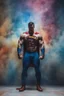 Placeholder: Superman, extremely huge, overexaggerated muscles, posing and flexing in a front of the camera, random extreme action poses, an extremely colorful, multicolored foggy blue marble wall in the background with a colorful marble tile floor, multicolored lightning, realism engine,