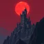 Placeholder: 8 bit pixelart a towering castle perched atop windswept cliffs, its jagged stone figure bathed in the cinematic crimson glow of a giant, imposing red harvest moon, red sky