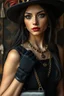 Placeholder: adult, woman, necklace, steampunk hat, delicate features, unique style, realistic skin tone, dark eyes, dark lips, regal rebell-steampunk dress, dark dress, black elbow gloves, long hair, holding an metal, chain-velvet bag, ethno steampunk style, whimsical vibe, high detalied, realistic, cinematic, random ethno-steampunk background