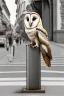 Placeholder: One single mature barn owl, playing guitar in the street , Vienna, friendly, sunny day, model style, hyper realistic, extremely accurate, delicate, extremely detailed, Graphic novel style, wide-angle, open aperture, superfine pencil