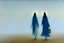 Placeholder: two people without gender seen from behind walking side by side in an empty foggy plain, above there is blue sky by artist "Leonora Carrington"