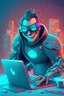 Placeholder: An 3d illustration of a person working in front of a laptop with a happy face and having a good time a man, cartoon style A cyberpunk as a superhero, full body of a superhero, cyberpunk city, masked eyes, cyberpunk eyes