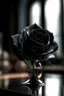 Placeholder: REALISTIC. BLACK ROSE ON GLASS VAS. CLOSE UP. Blury room BACKGROUND. REALISTIC