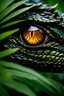 Placeholder: Giant dragon eye peaking from a lush brush, macro lens, extreme detailed, photorealistic, cinematic lights, luminous eye, striking contrast, exquisite clarity
