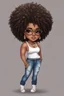 Placeholder: Create a magna chibi image of a black female with shoulder length tightly curl afro, black silky and brown eyes. Long eye lashes wearing a torn jeans and tank top with diamond studded "pretty" on the front, sandals , plus size body style. Diamond studded glasses and hoop earrings forward facing, 2k, white background