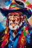 Placeholder: captivating conceptual painting of the iconic rock star, Willie Nelson, rendered in a vibrant and abstract art style. The background is a swirling, chaotic mix of artistic strokes that evoke a sense of rebellion and energy. The overall composition is a celebration of creativity, movement, and the essence of rock 'n' roll., vibrant, painting, conceptual art