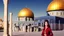 Placeholder: A woman wearing a keffiyeh holds the Dome of the Rock