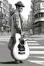 Placeholder: One single mature light cat, friendly, playing guitar in the street, sunny day, model style, hyper realistic, extremely accurate, delicate, extremely detailed, Graphic novel style, wide-angle, open aperture, superfine pencil