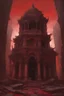 Placeholder: Broken temple with the floor covered in blood, detailed painting, red sky, bloody stone, creepy