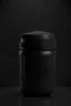 Placeholder: black container, plastic, realism, with screw lid, no labels, round container, view from the front, protein powder, dark studio setting, black background, wider body than lid