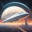 Placeholder: [art by Moebius] A massive white spaceship with round windows flies through the sky, leaving behind two long light trails, in a scifi style, realistic photography, concept art in the style of Blade Runner