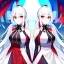 Placeholder: Clear focus, 8k, beautiful lighting, vibrant colors, girl, white hair, long hair, vibrant red eyes, ponytail, same twins, white hair, red eyes, same clothes,