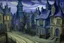 Placeholder: A grayish purple haunted town with a chateau painted by Vincent van Gogh